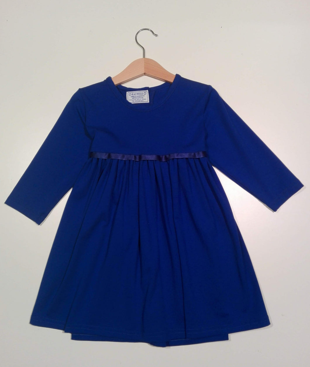 Long-sleeved Blue Dress with silk ribbon