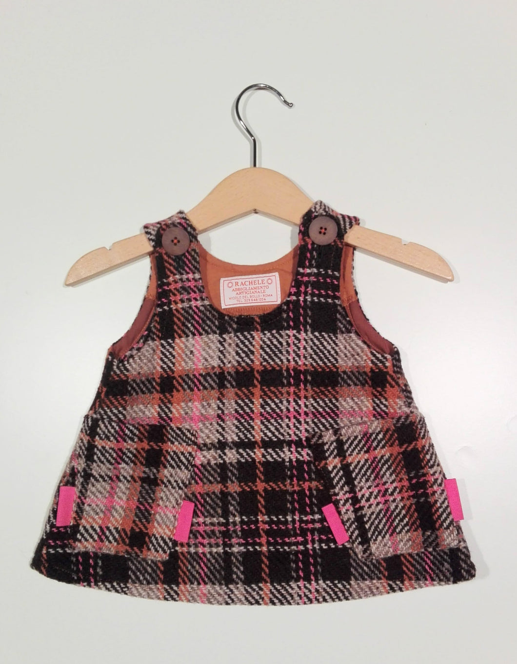 Trapeze Dress in wool Brown with pink spots Rachele Handmade Kidswear Trapeze Dress in wool Brown with pink spots Rachele Handmade Kidswear