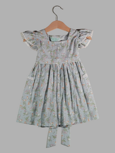 Dress with curled sleeve and wide belt with rabbits