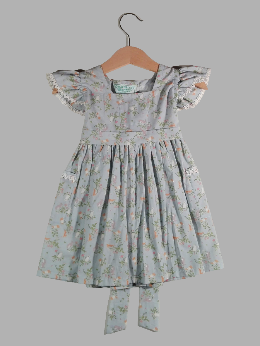 Dress with curled sleeve and wide belt with rabbits