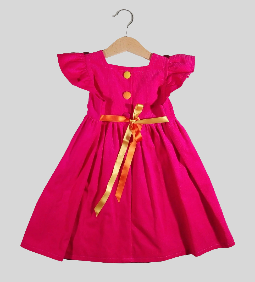 Dress with curled sleeves in Corduroy Fuchsia