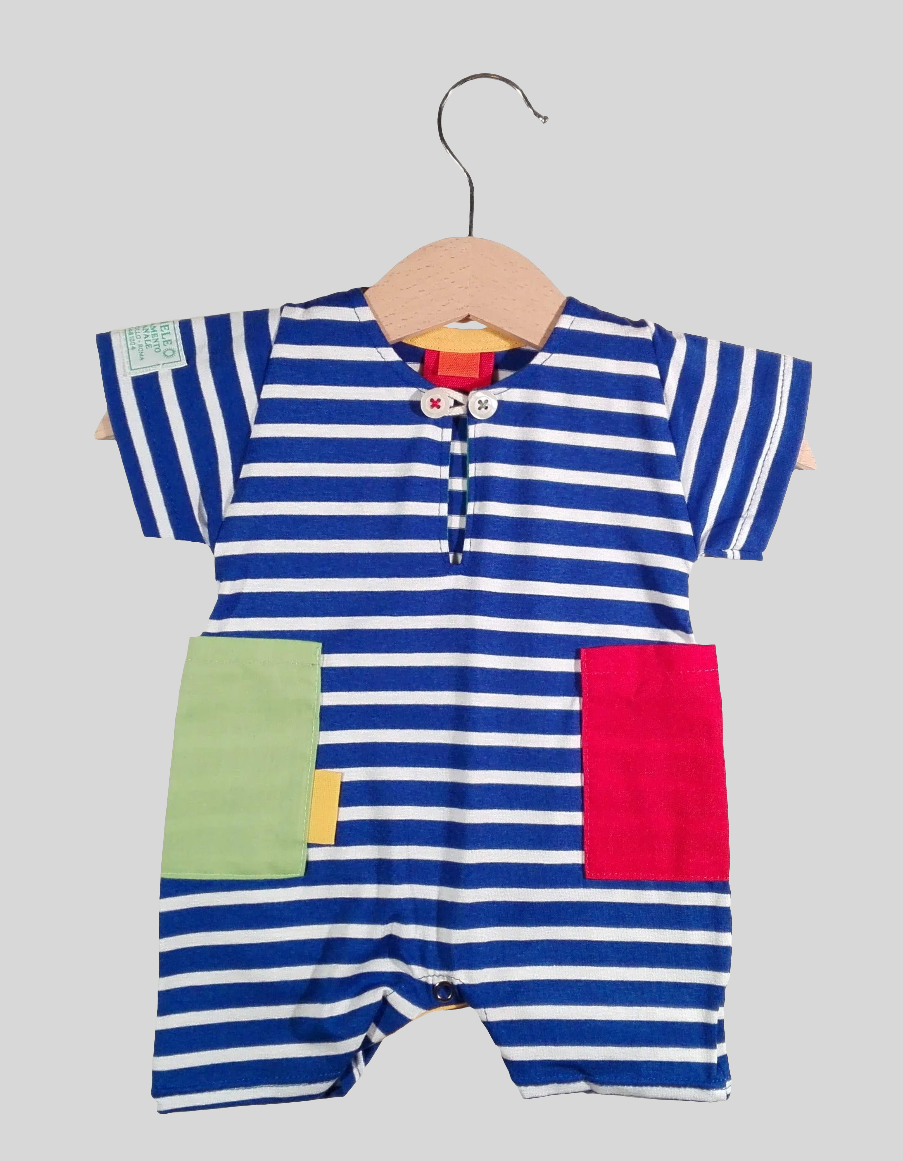 Short onesie in cotton with colored patches Cobalt Blue