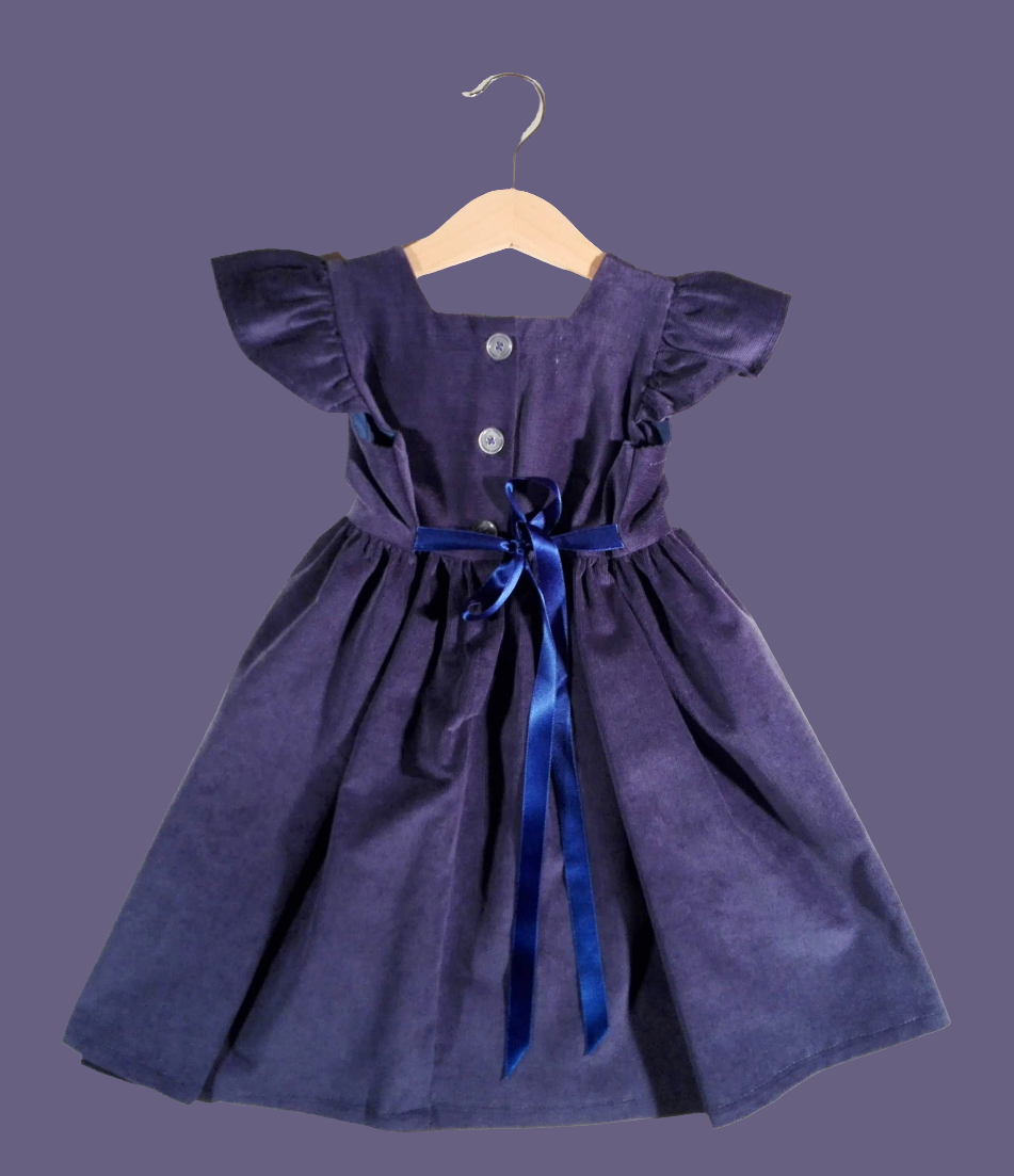 Dress with curled sleeves in Corduroy Blue