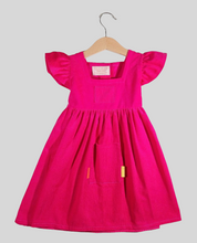 Load image into Gallery viewer, Dress with curled sleeves in Corduroy Fuchsia
