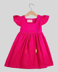 Dress with curled sleeves in Corduroy Fuchsia