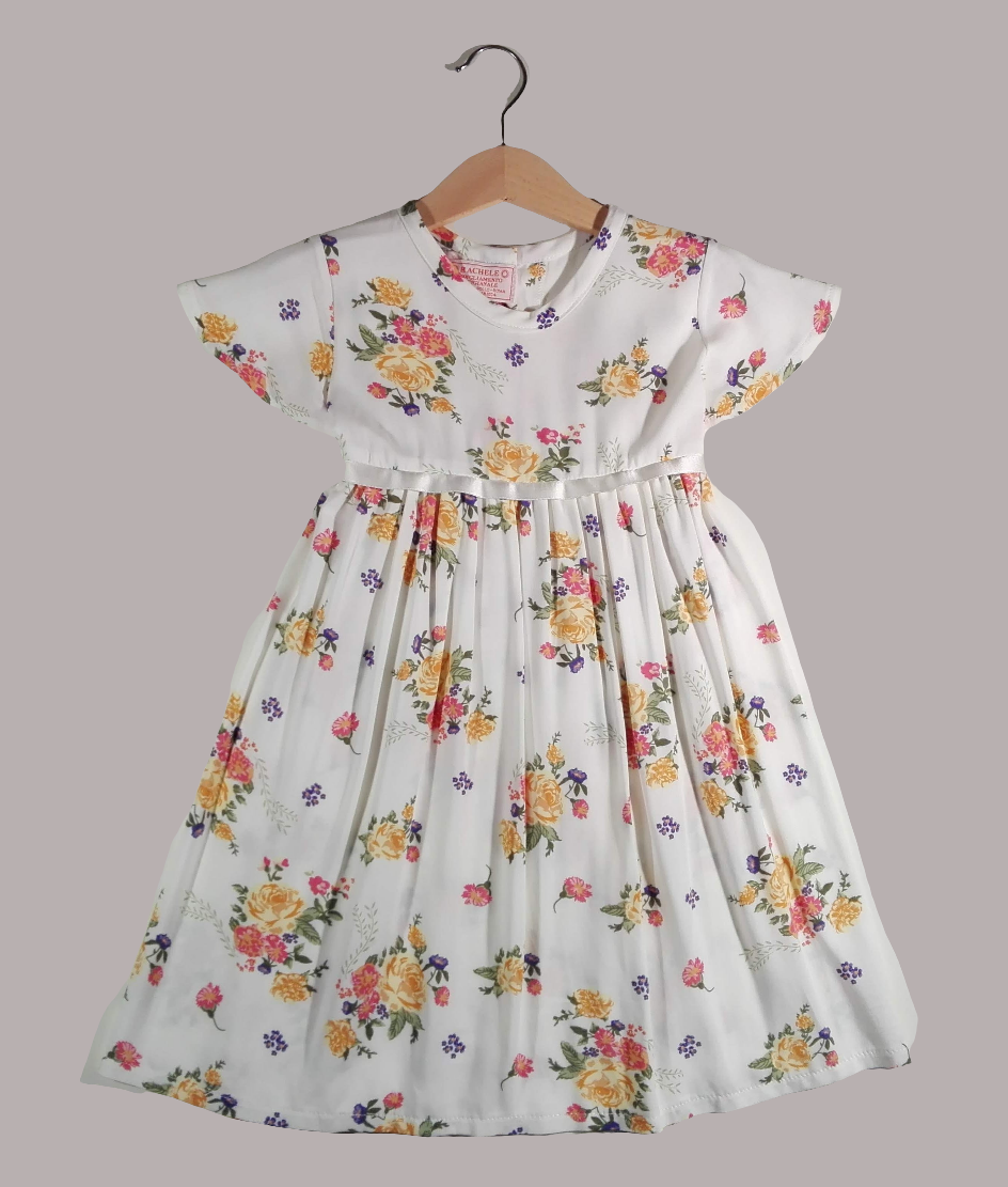Dress with wavy sleeve, Offwhite with flowers
