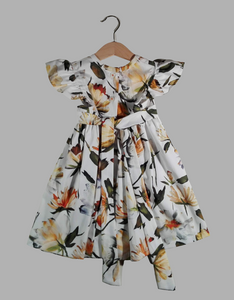 Dress with curled sleeves Yellow Flowers