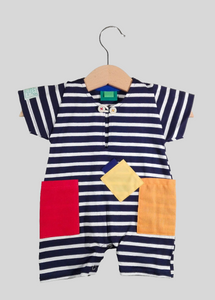 Short onesie in cotton with colored patches Dark Blue