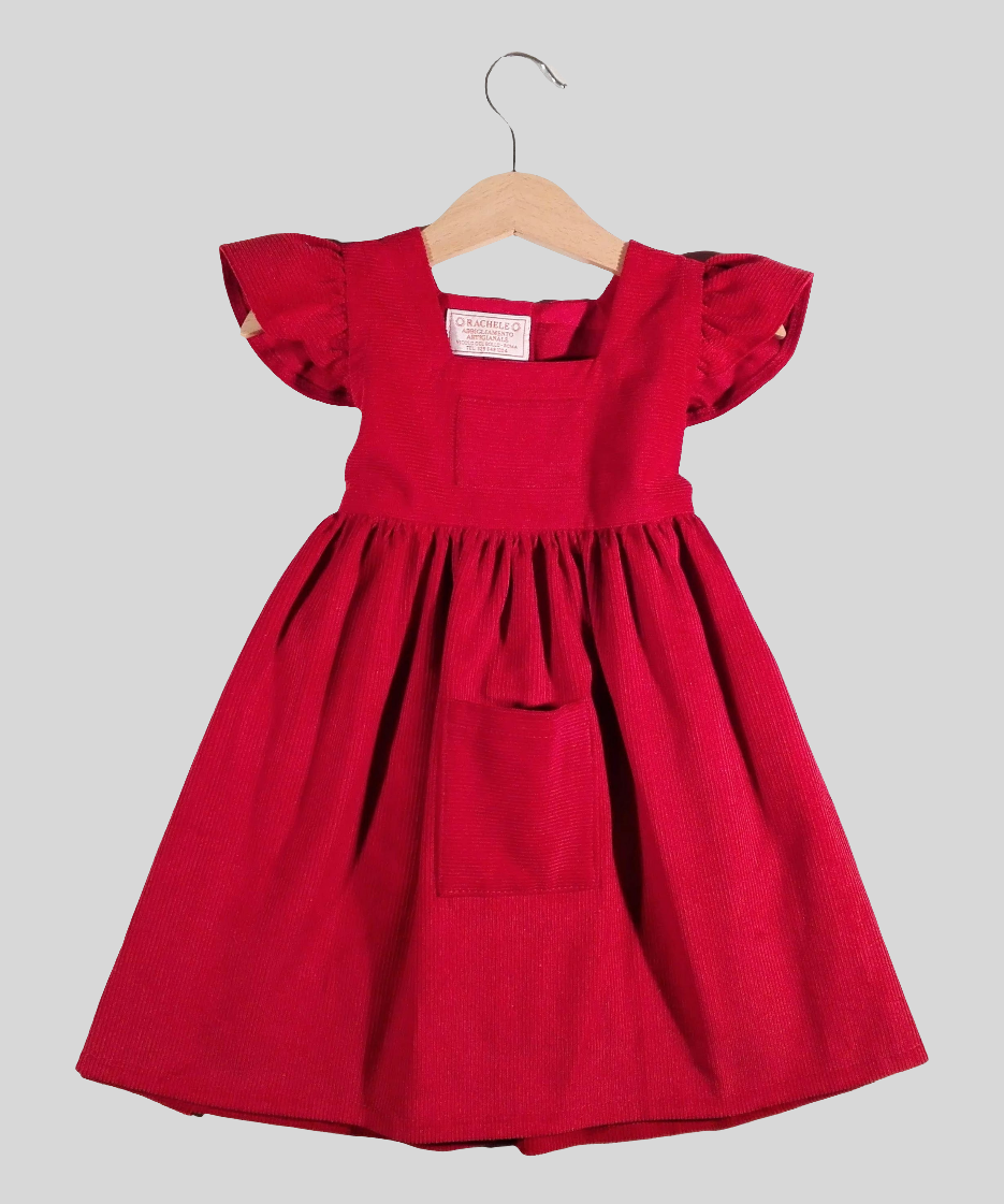 Dress with curled sleeves in Corduroy Red
