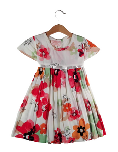 Dress with wavy sleeve, White with flowers, papaveri.