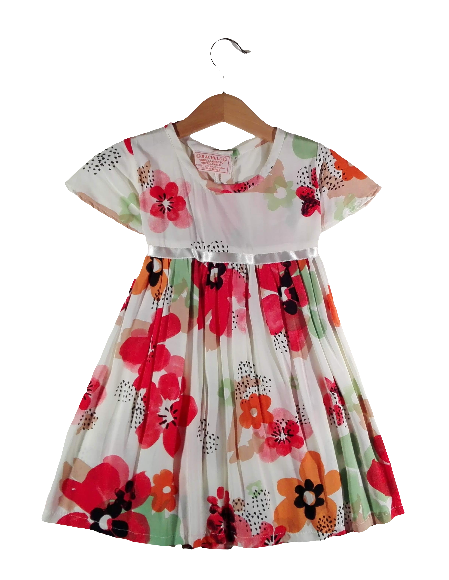 Dress with wavy sleeve, White with flowers, papaveri.