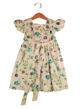 Load image into Gallery viewer, Dress with curled sleeves White with beautiful Blue flowers
