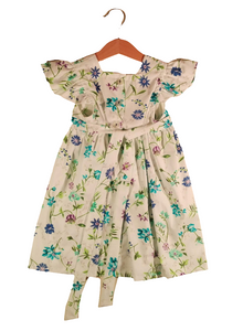 Dress with curled sleeves White with beautiful Blue flowers