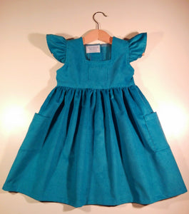 Dress with curled sleeve in corduroy, turquoise