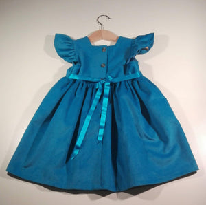 Dress with curled sleeve in corduroy, turquoise